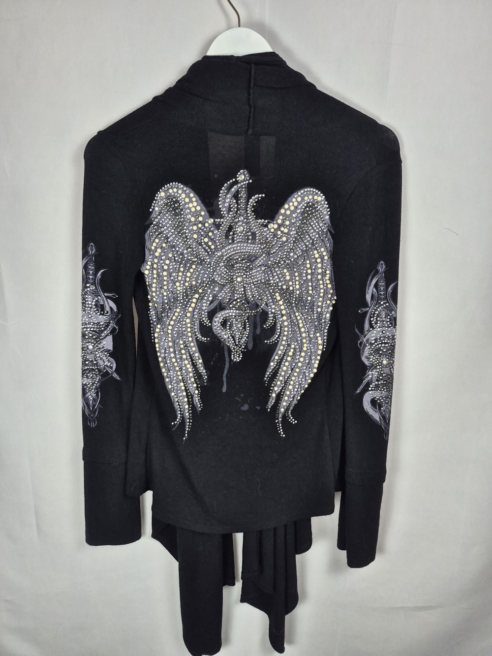 S-Twelve Black Cardigan with Rhinestone Angel Wing & Serpent Motif Size S